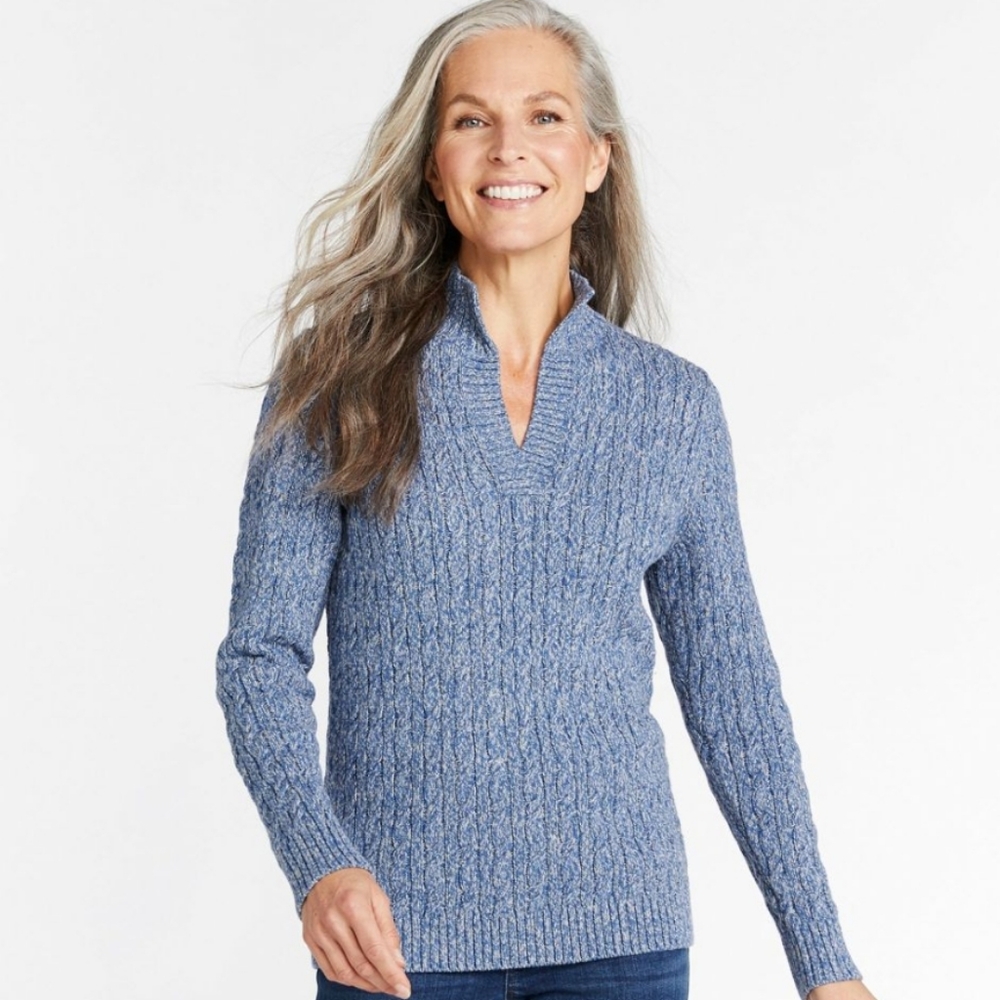 L.L. Bean Pink Women's Double L Mixed-Cable Sweater, Splitneck Pink Size Small